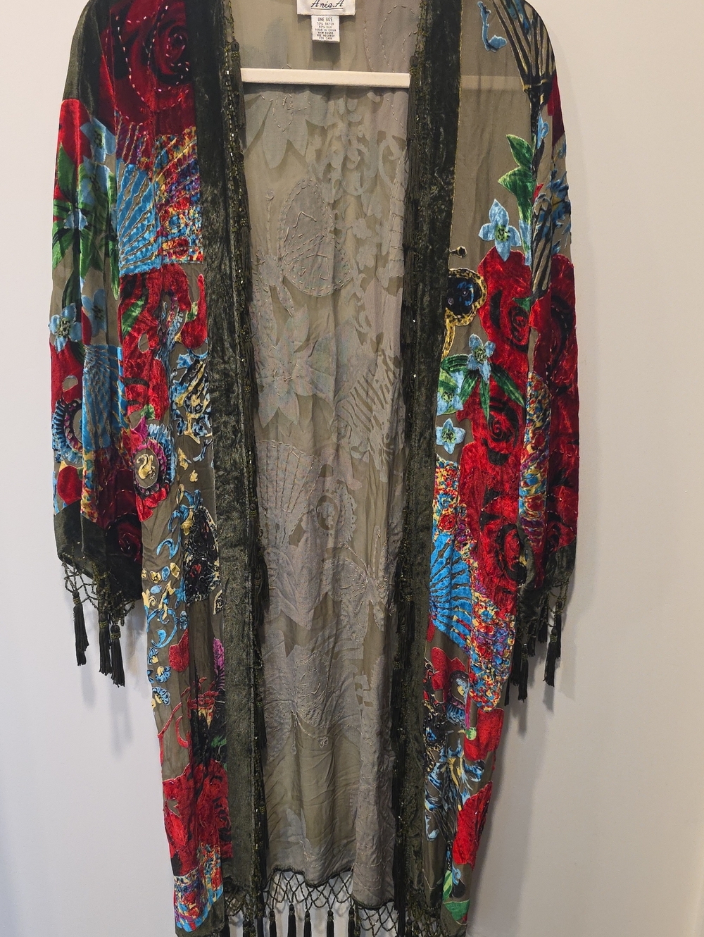 Anna Sui Olive Sheer Kimono with Red, Blue and Green Velvet Burnout